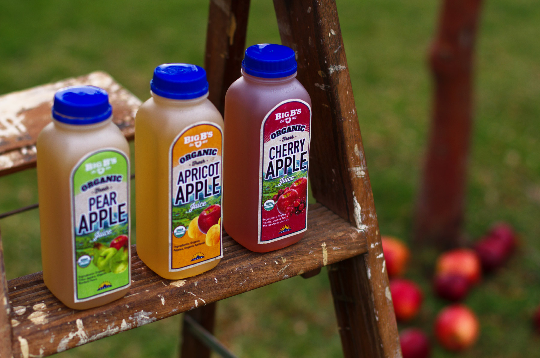 Pear, apricot, and cherry apple juice product photography