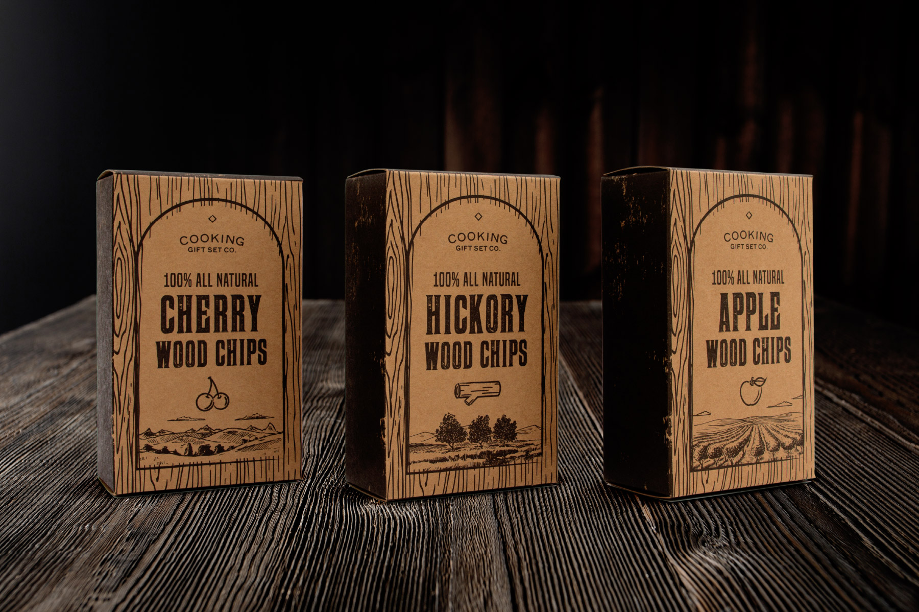Cherry, Hickory, and Apple Wood Chips Box Design