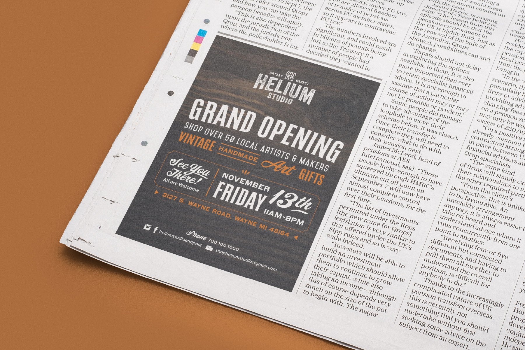 Grand opening newspaper advertisement for Helium Studio