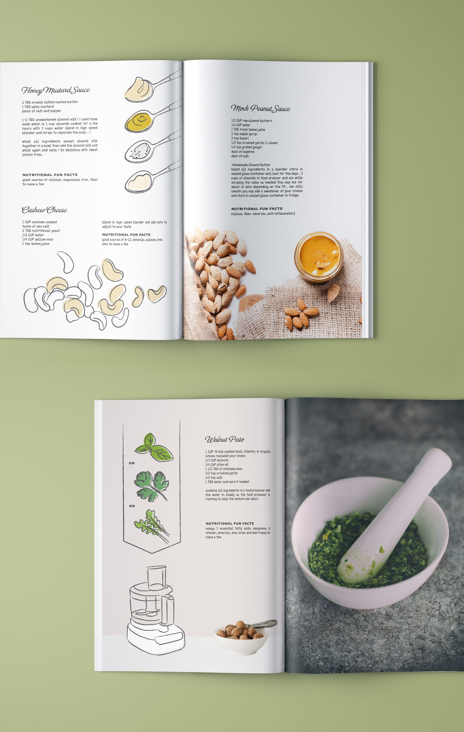 Book page layouts of vegan recipes