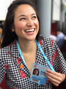 Kim from Fuze Branding at the China Canton Fair for Product Sourcing, displaying her buyer badge