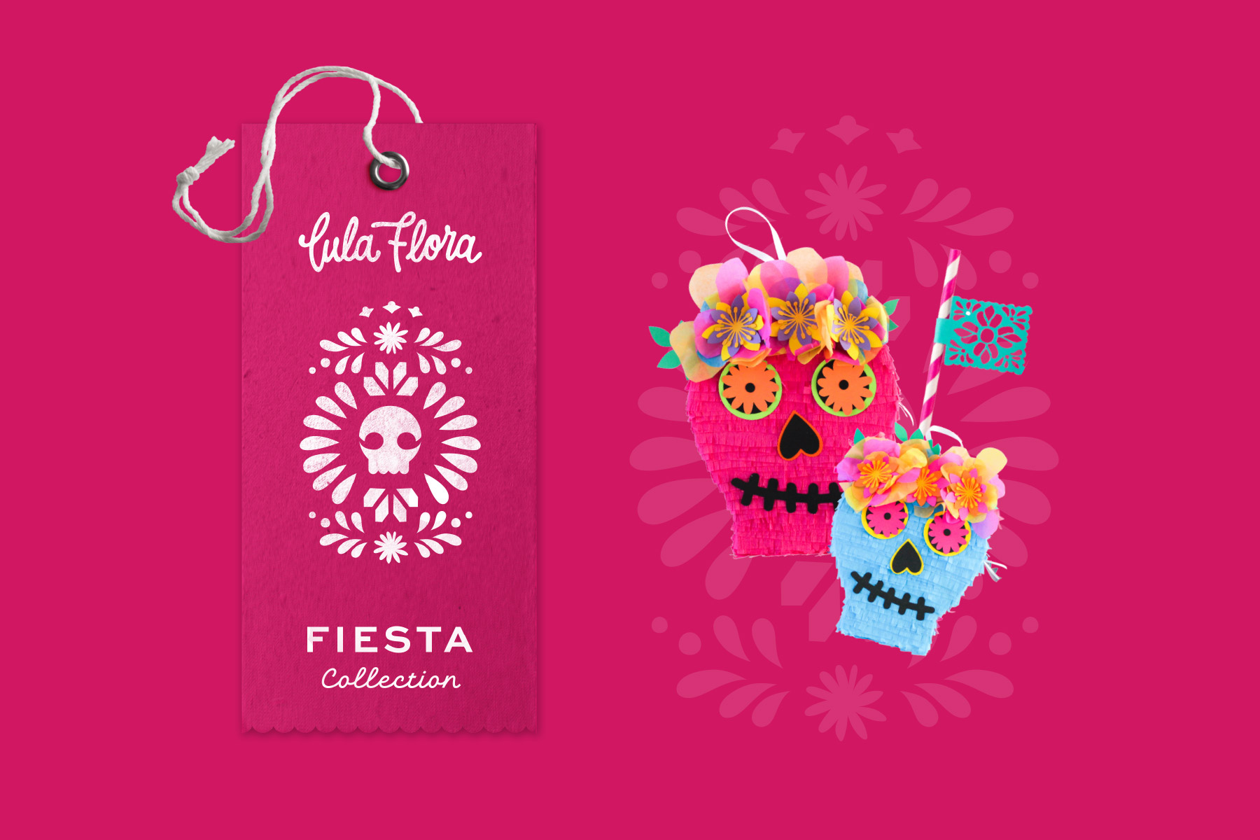 Calavera miniature piñatas wearing flower crowns and a product hang tag