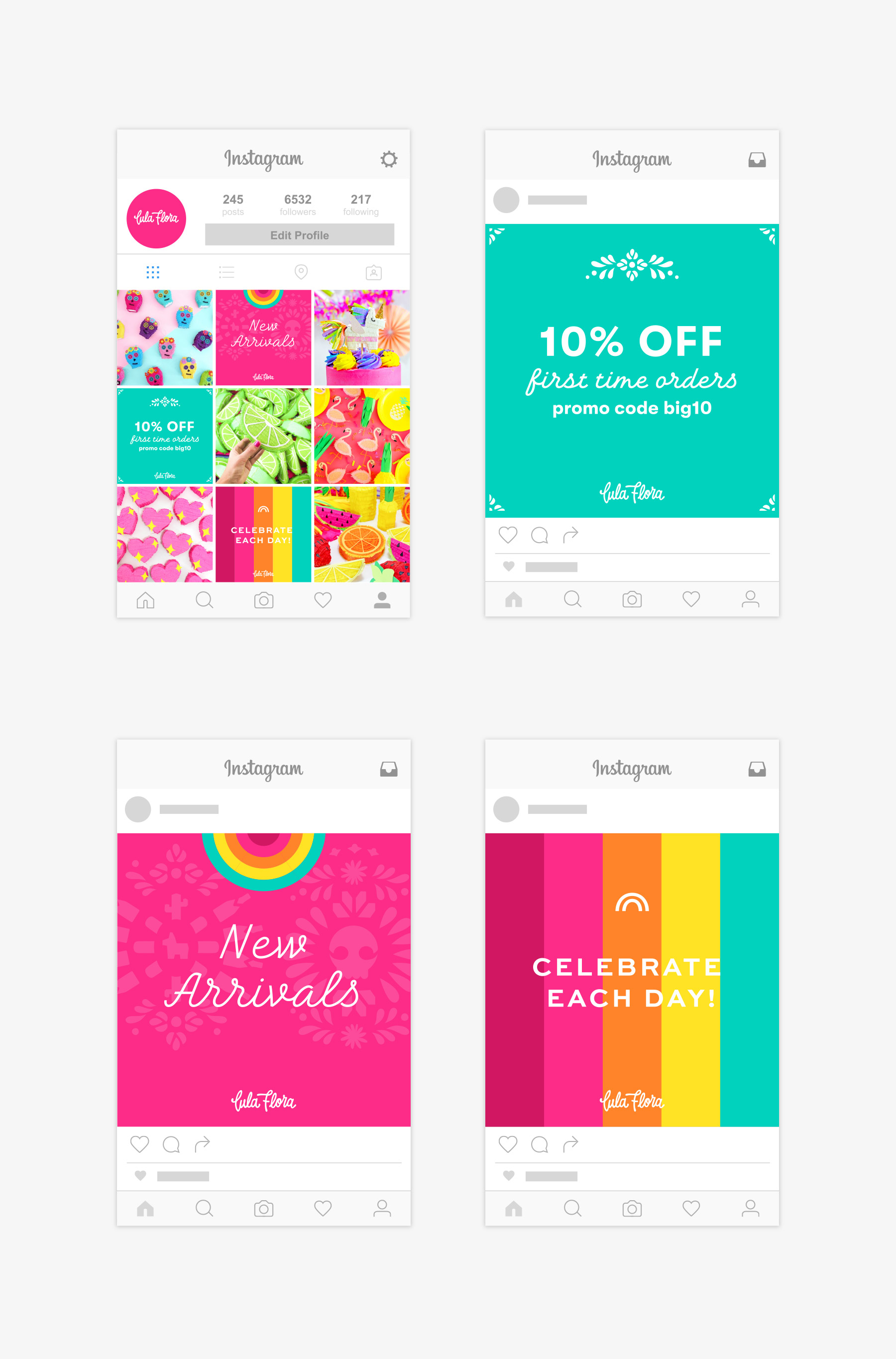 Colorful social media posts used for inspirational quotes and product promotions