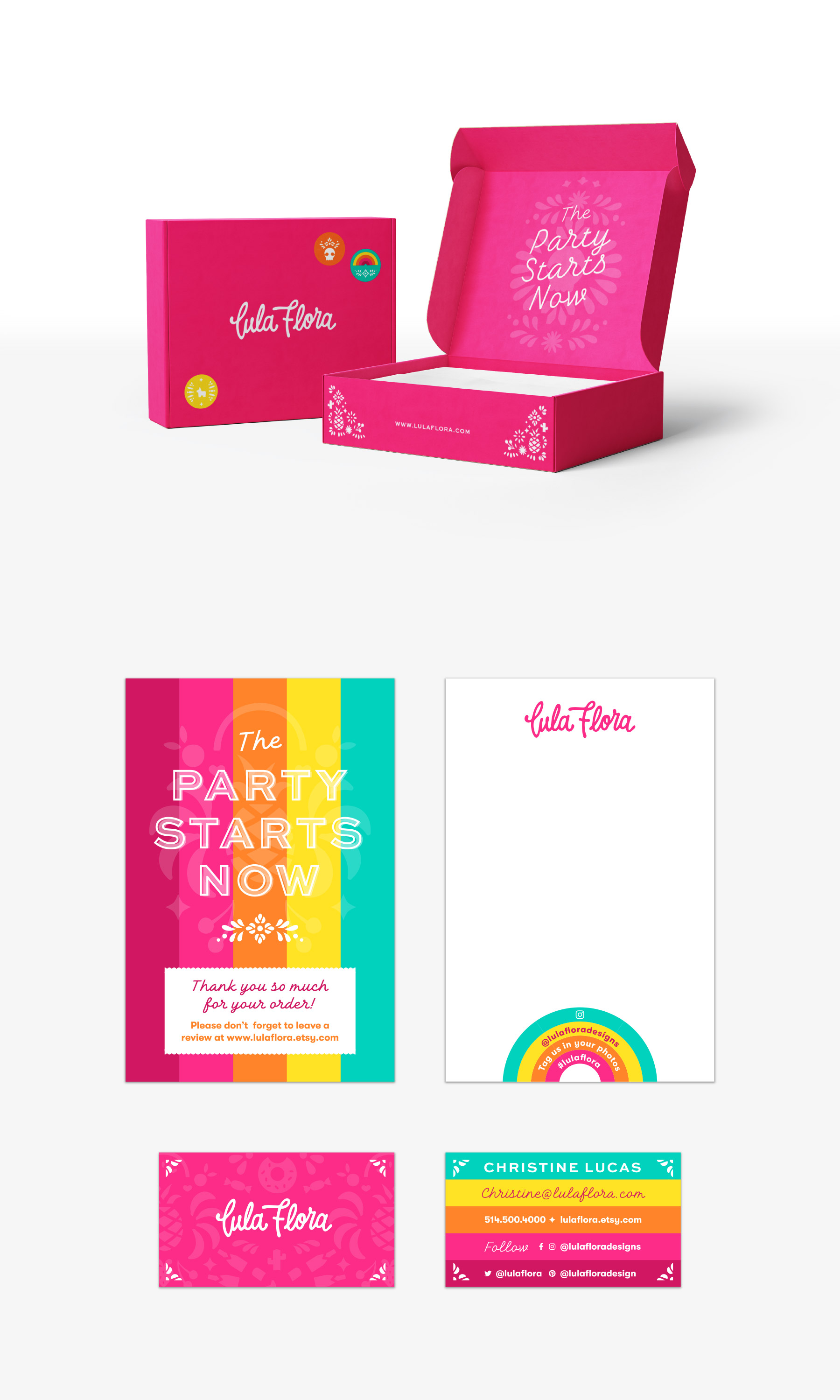 Create product packaging box design for miniature piñatas with thank you card