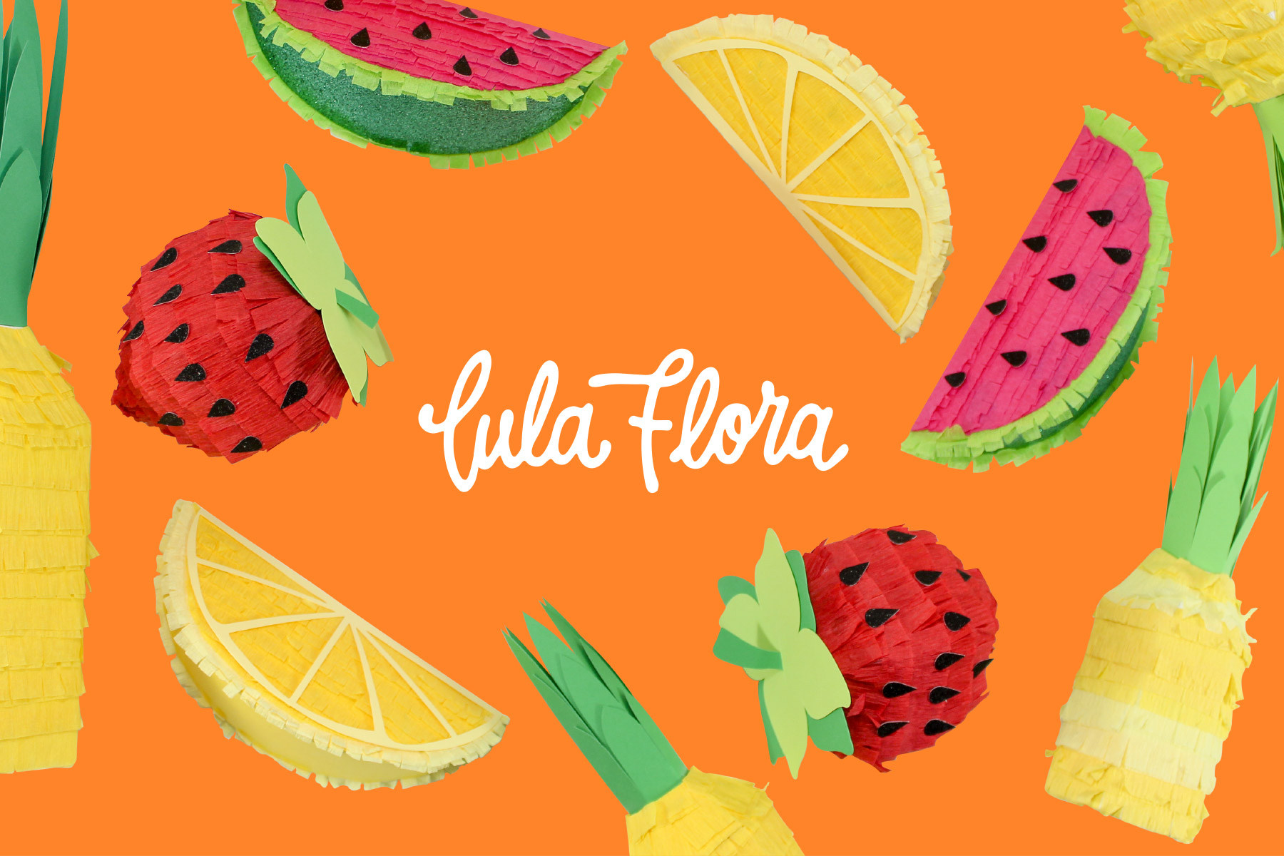 Lula Flora logo in the middle of a variety of miniature piñatas shape like fruit