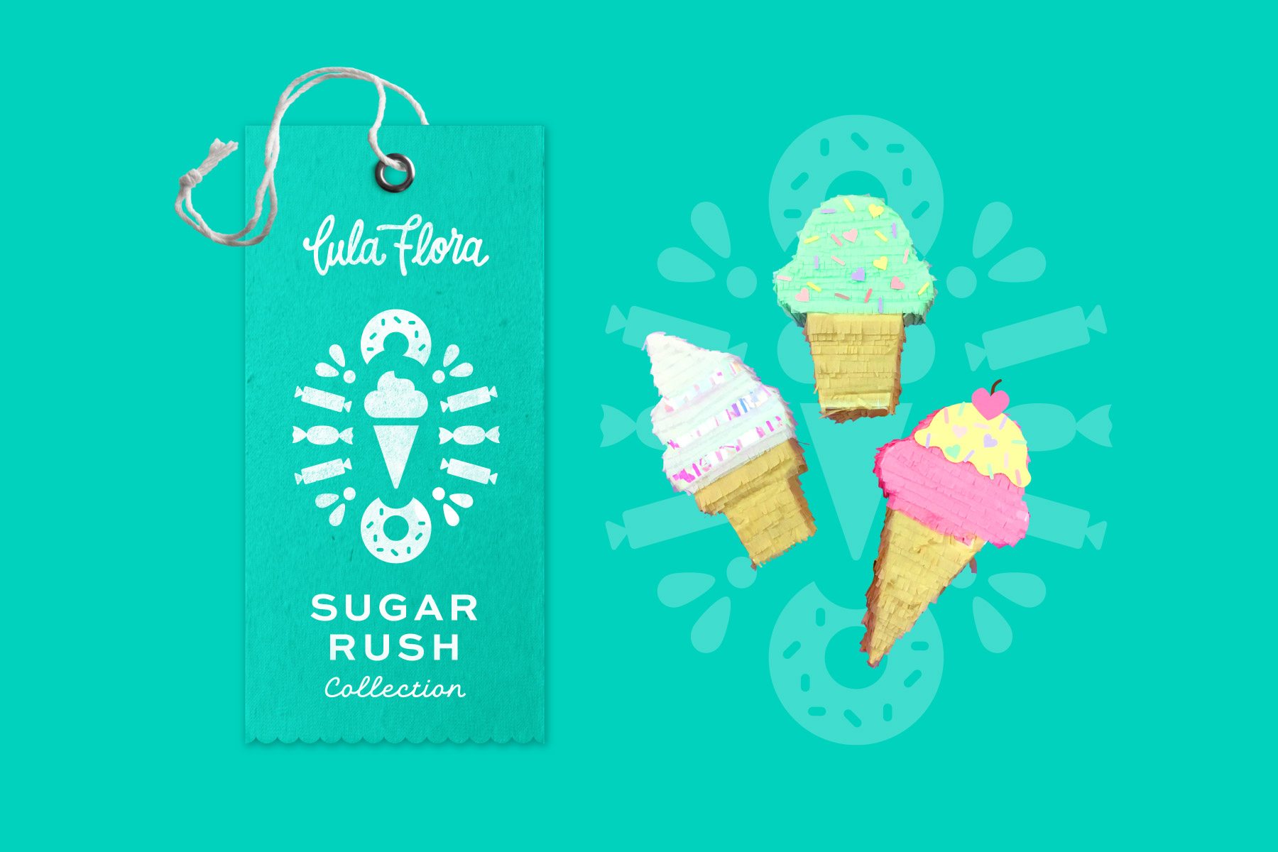 Pastel ice cream themed miniature piñatas with packaging card