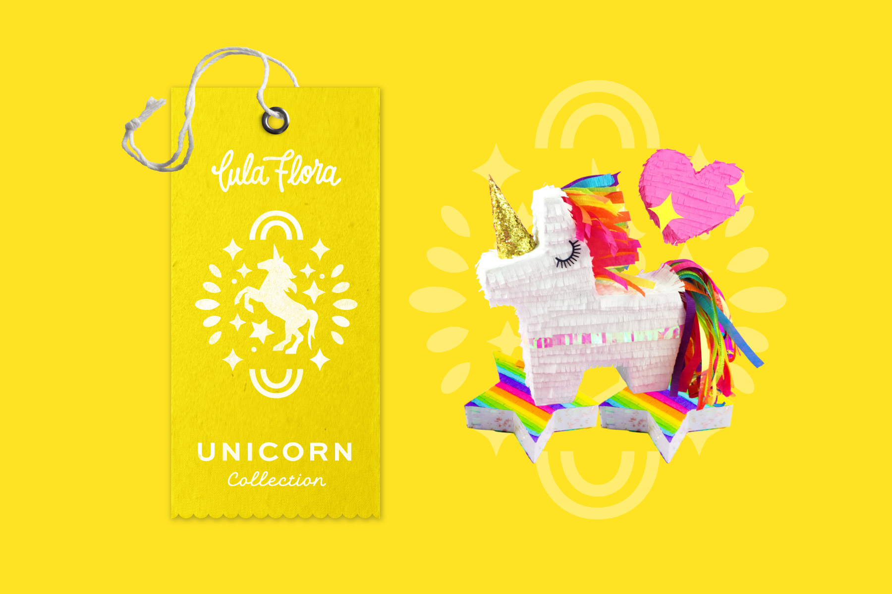 Cute rainbow unicorn piñata and packaging tag