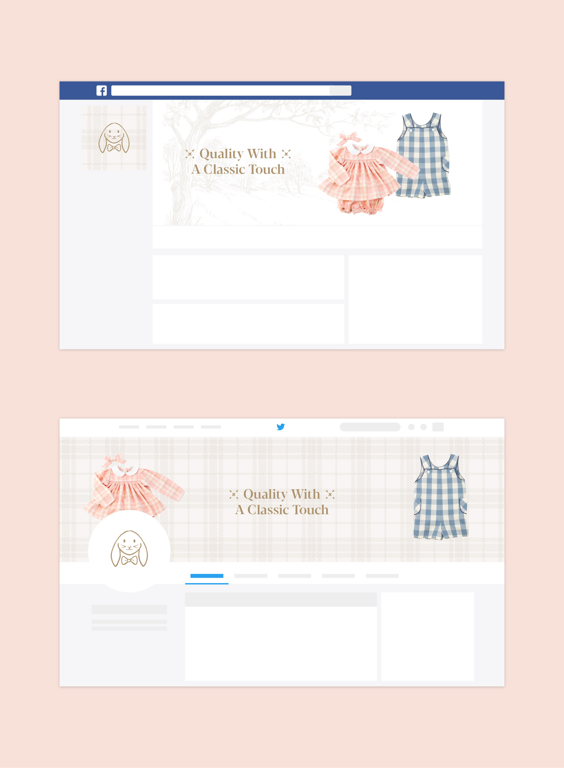 Facebook and twitter profile headers with paid dress and jon jons on soft colored backgrounds