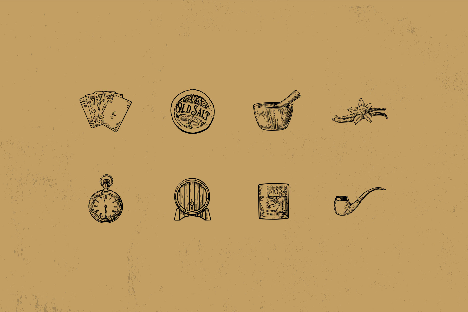 vintage illustrations of drinks, cards, stopwatch and pipe