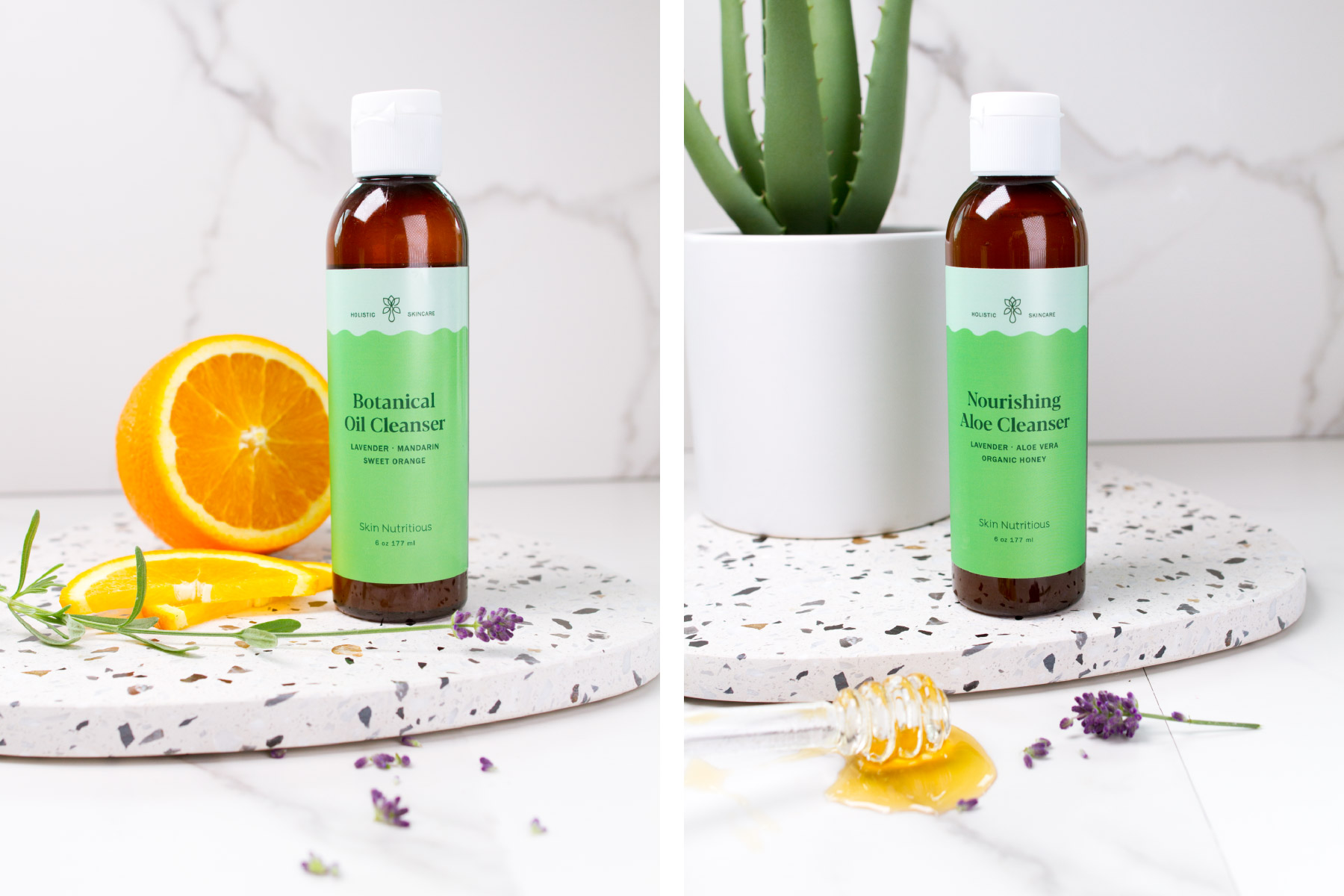 holistic skincare products with natural ingredients on a terrazzo and marble background