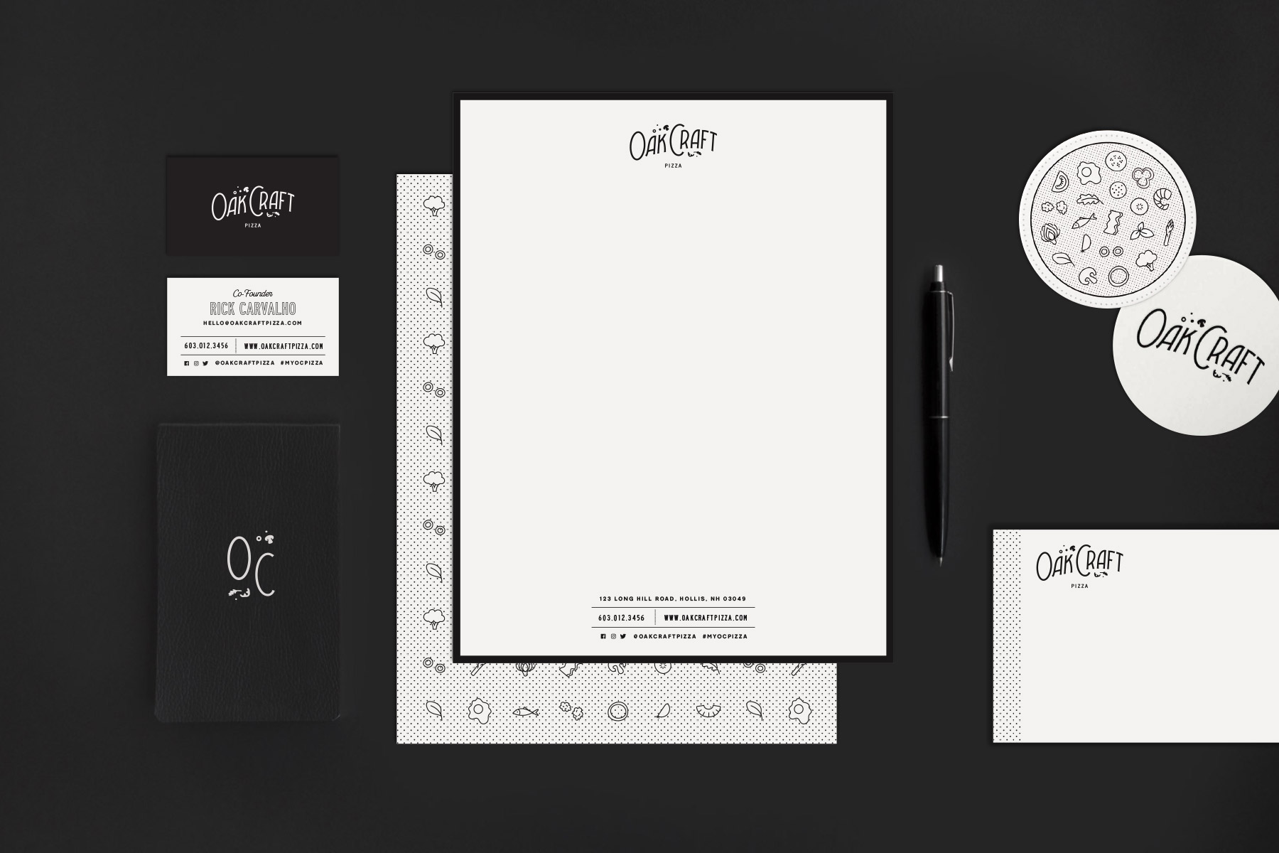 stationery set for a modern pizza company with illustrated pizza toppings